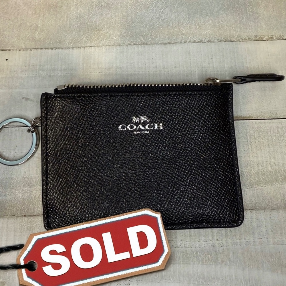 Coach Black Textured Leather Coin Pouch with Keyring